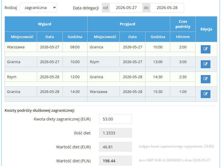 Formularz delegacji — etapy, transport, diety