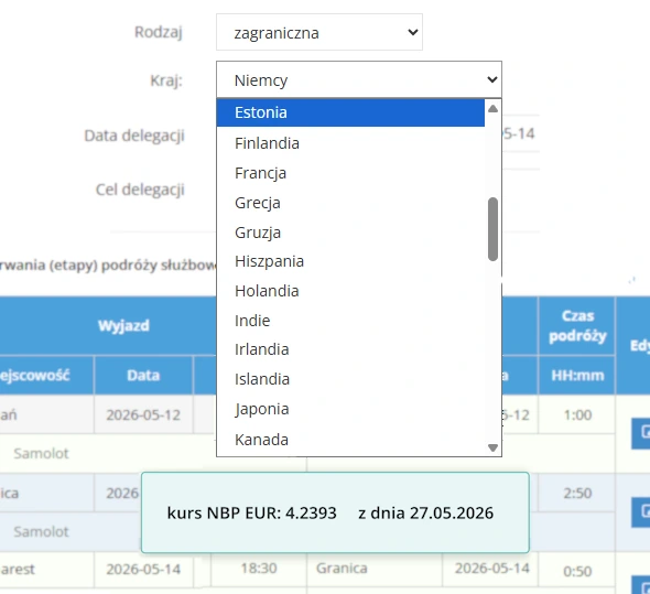 Wybór kraju do delegacji zagranicznej i automatyczne pobranie kursu NBP waluty kraju